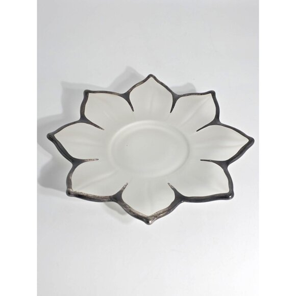 Frosted Glass Lotus Serving Bowl Plate Spoons With Silver-Toned Trim Vintage - Picture 3 of 12